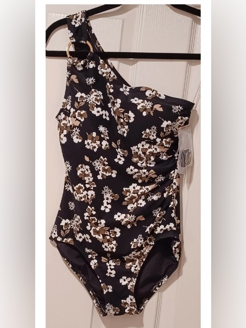 MICHAEL KORS BLACK IVY FLORAL CRUISE One-Shoulder Underwire Swimsuit sz 10